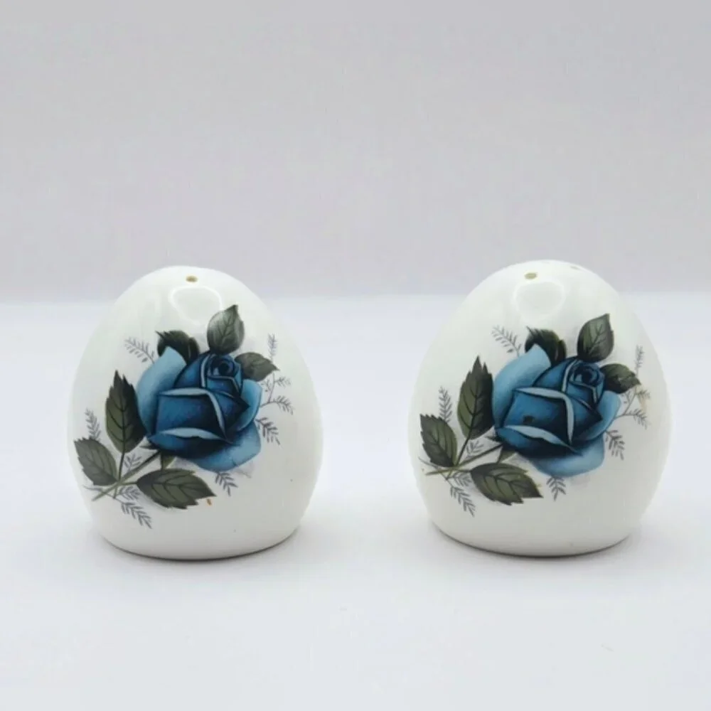 Vintage Sanford Fine Bone China Blue Rose Flowers Salt & Pepper Shakers
